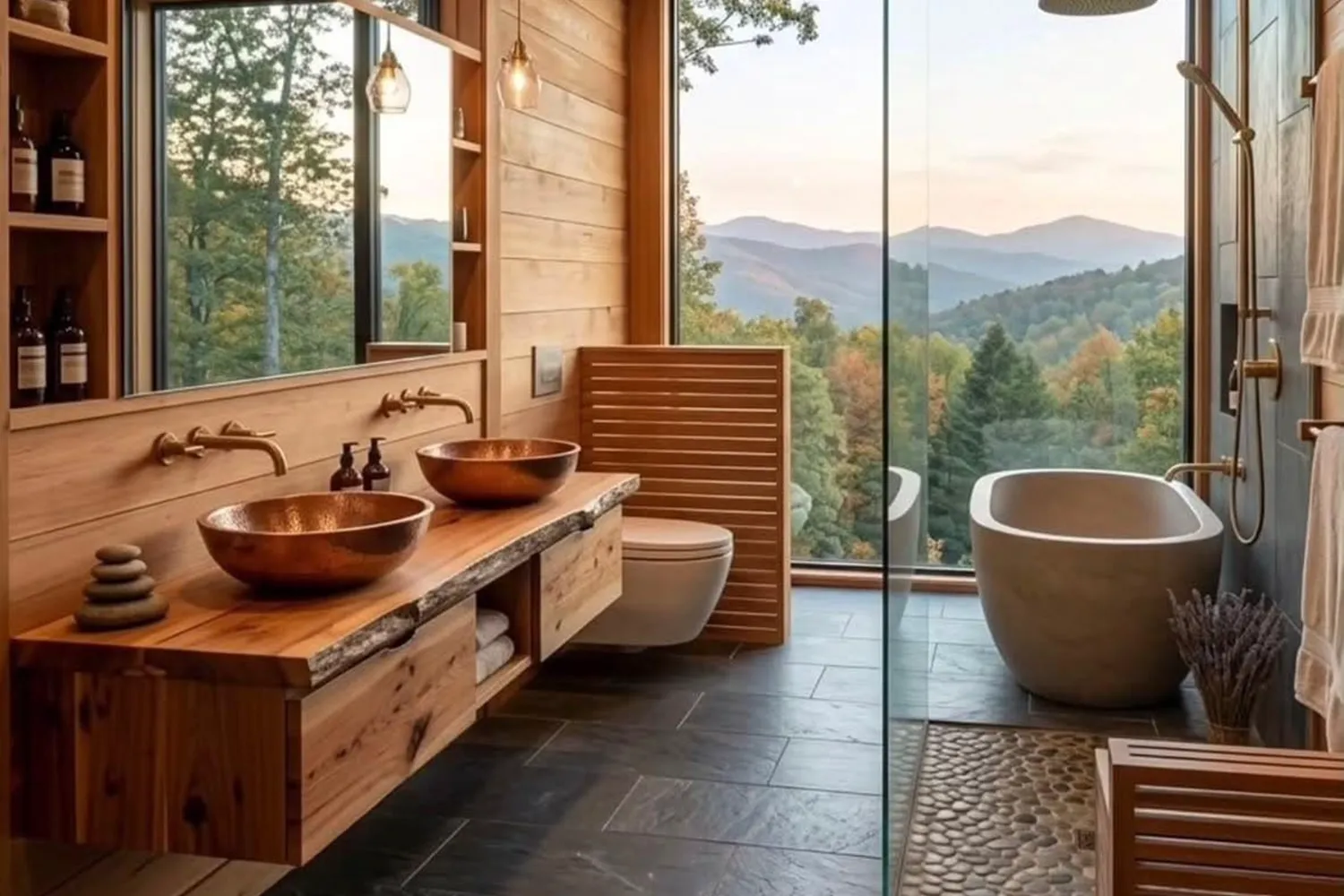 Timber bathroom with copper basins and a stone bath facing the hills