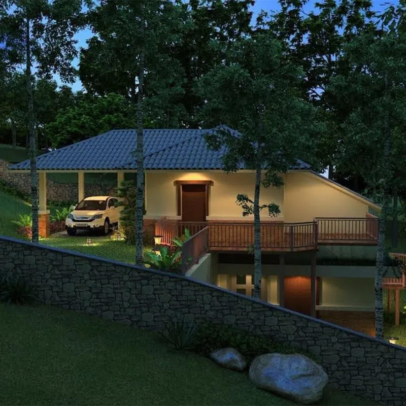 Villa among tall trees at dusk, lit up, with a car under the porch